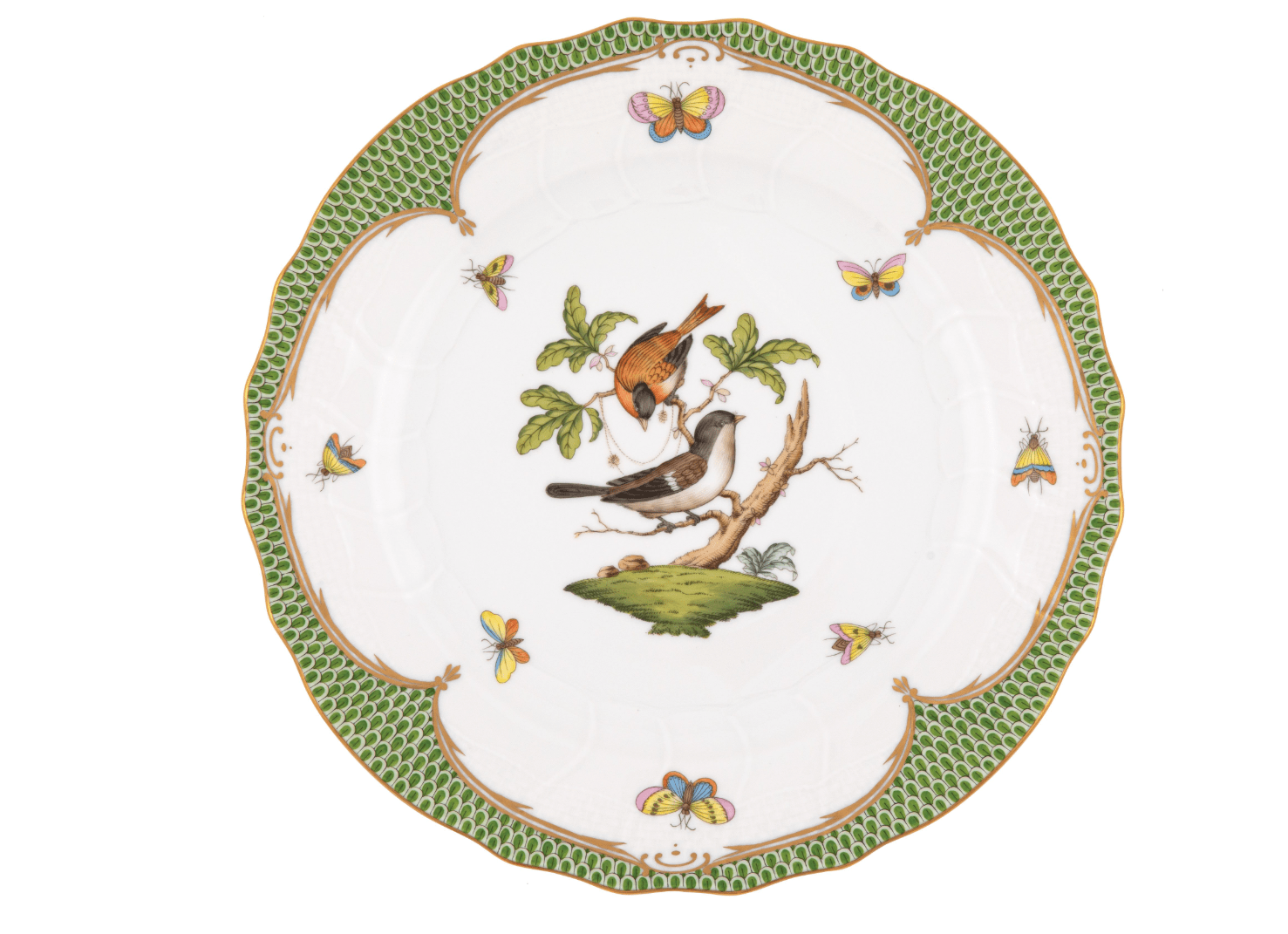 Rothschild Bird Dinner Plate Green Border Motif 4 - Herend - Gaines Jewelers