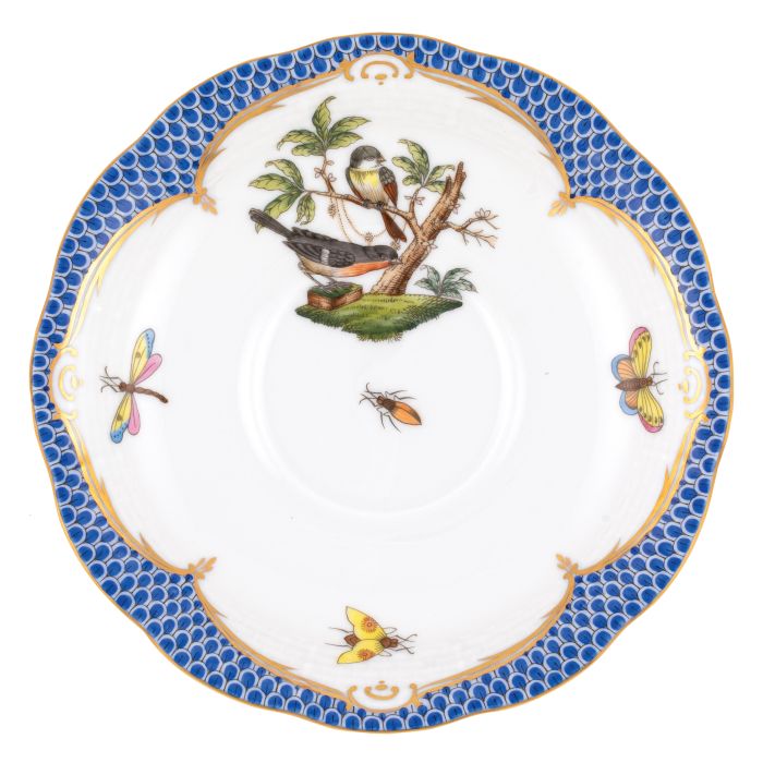 Rothschild Bird Tea Saucer - Blue Border - Motif 2 - Herend - Gaines Jewelers