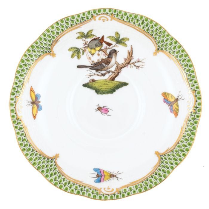 Rothschild Bird Tea Saucer Green Border Motif 1 - Herend - Gaines Jewelers