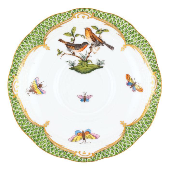 Rothschild Bird Tea Saucer - Green Border - Motif 9 - Herend - Gaines Jewelers