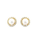 Round Pearl and Diamond Halo Stud Earrings 14k Yellow Gold - Raymond Mazza - Gaines Jewelers