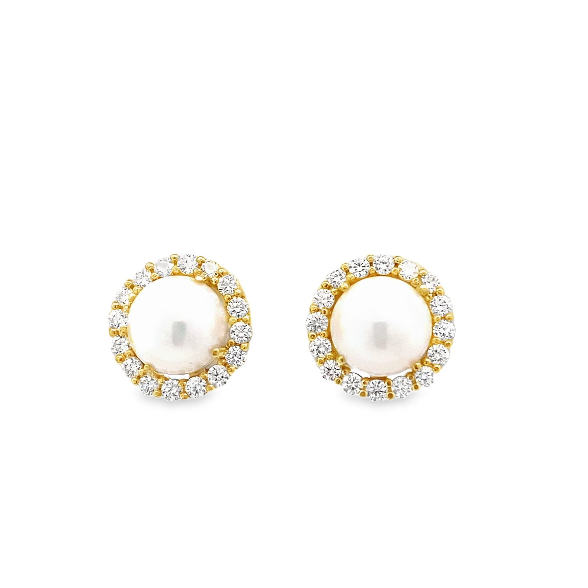 Round Pearl and Diamond Halo Stud Earrings 14k Yellow Gold - Raymond Mazza - Gaines Jewelers
