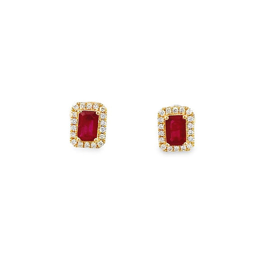 Ruby and diamond rectangular emerald cut with diamond halo in 14kt yellow gold - Gaines Jewelers