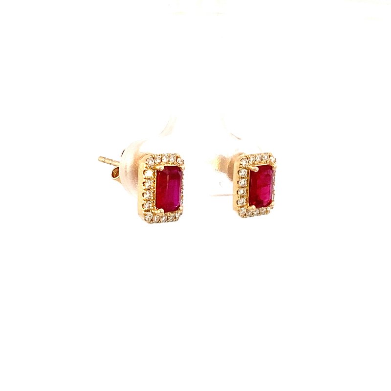 Ruby and diamond rectangular emerald cut with diamond halo in 14kt yellow gold - Gaines Jewelers