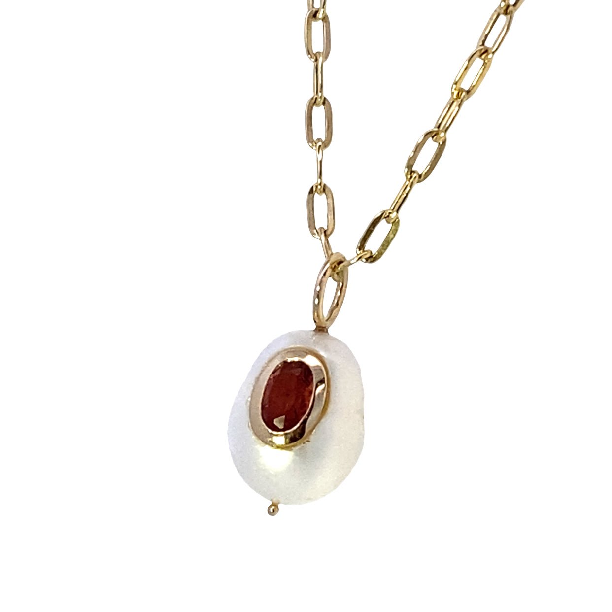 Ruby Bezel set into Small White Oval Pearl 14kt Yellow Gold - Raymond Mazza - Gaines Jewelers
