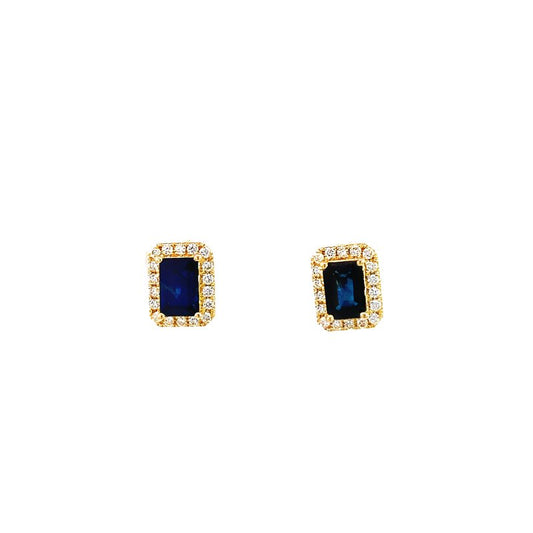 Sapphire and diamond rectangular emerald cut earrings with halo 14kt yellow gold - Gaines Jewelers
