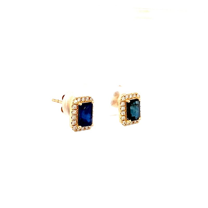 Sapphire and diamond rectangular emerald cut earrings with halo 14kt yellow gold - Gaines Jewelers