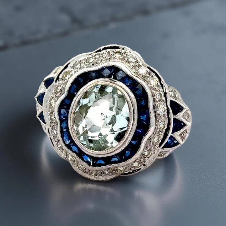 ****Sapphire & diamond ring vintage 1930 with a center aquamarine in18kt white gold by MDJ - Gaines Jewelers