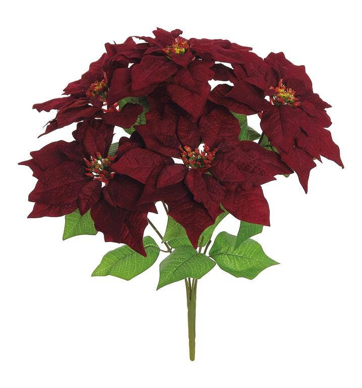 Select Artificials, Inc. - Velvet Poinsettia Bush X5, 17", 9" Bloom, Burgundy - Gaines Jewelers