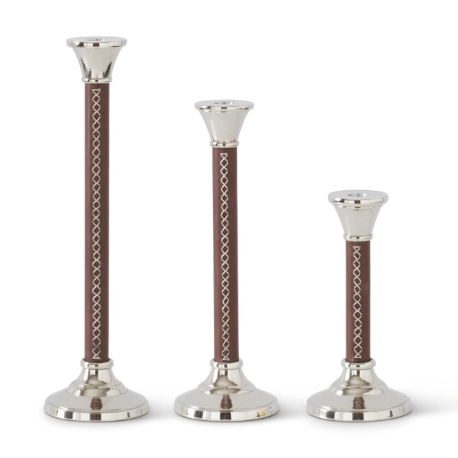 Set of 3 Silver & Brown Leather Corset Stitched Taper Candleholders - K&K Interiors - Gaines Jewelers