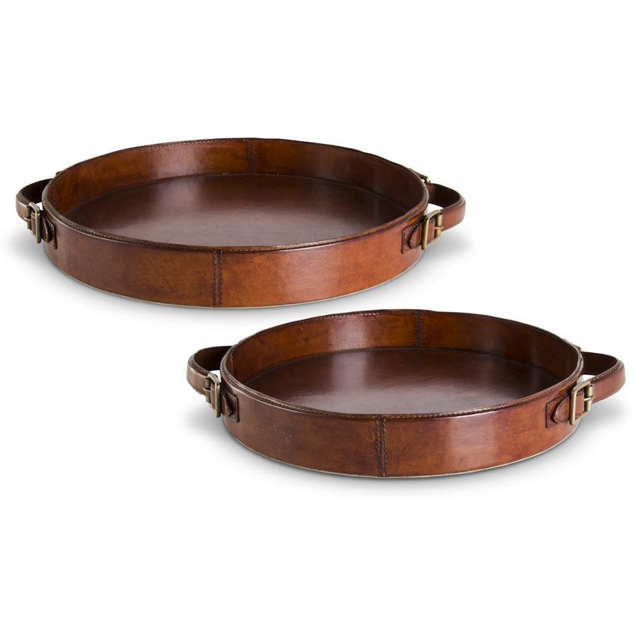 Small Brown Leather Round Tray with Brass Buckle Handles - K&K Interiors - Gaines Jewelers