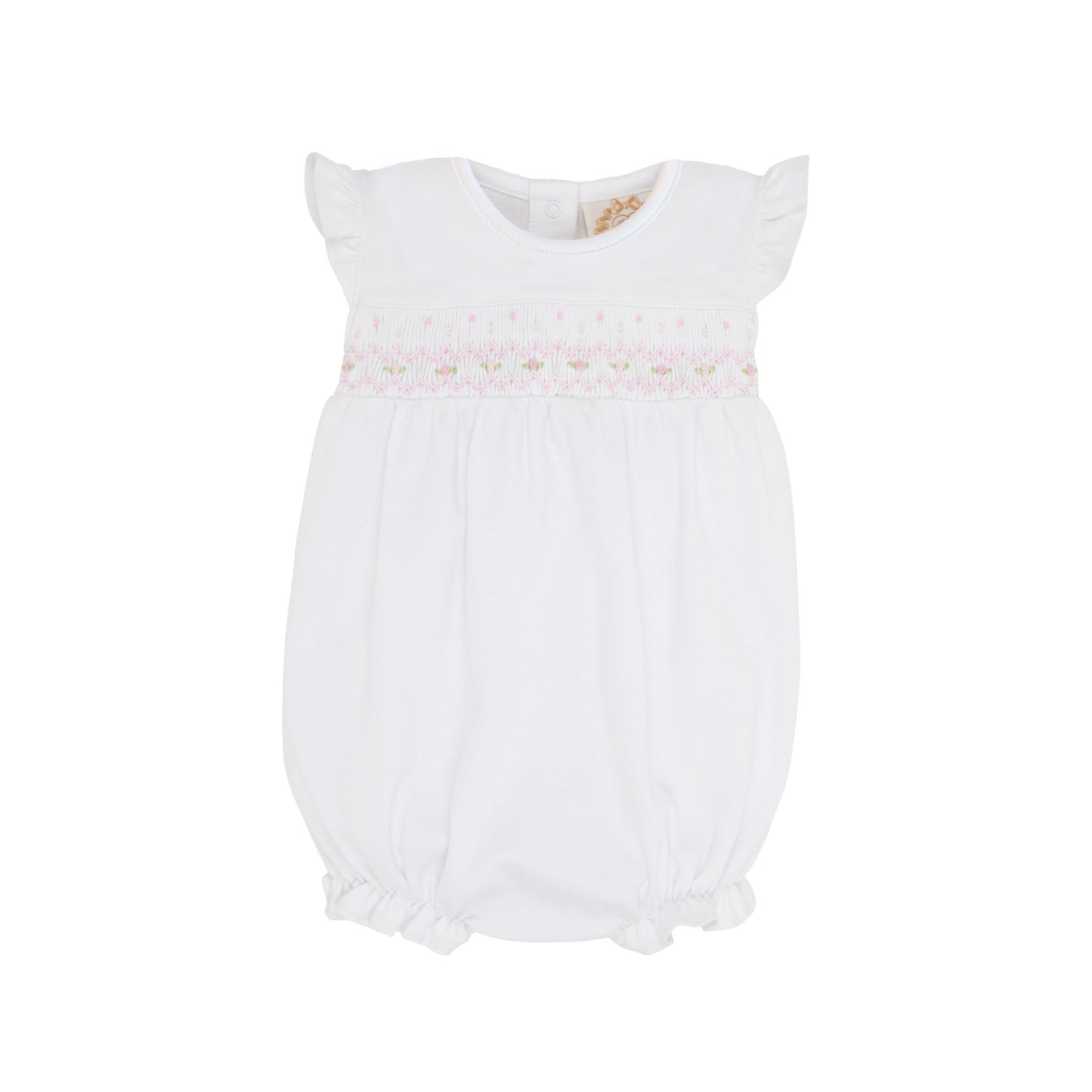 Smocked Banbury Bubble- Worth Avenue White With Palm Beach Pink Rosebud Smocking - Gaines Jewelers