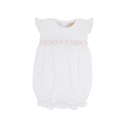 Smocked Banbury Bubble- Worth Avenue White With Palm Beach Pink Rosebud Smocking - Gaines Jewelers