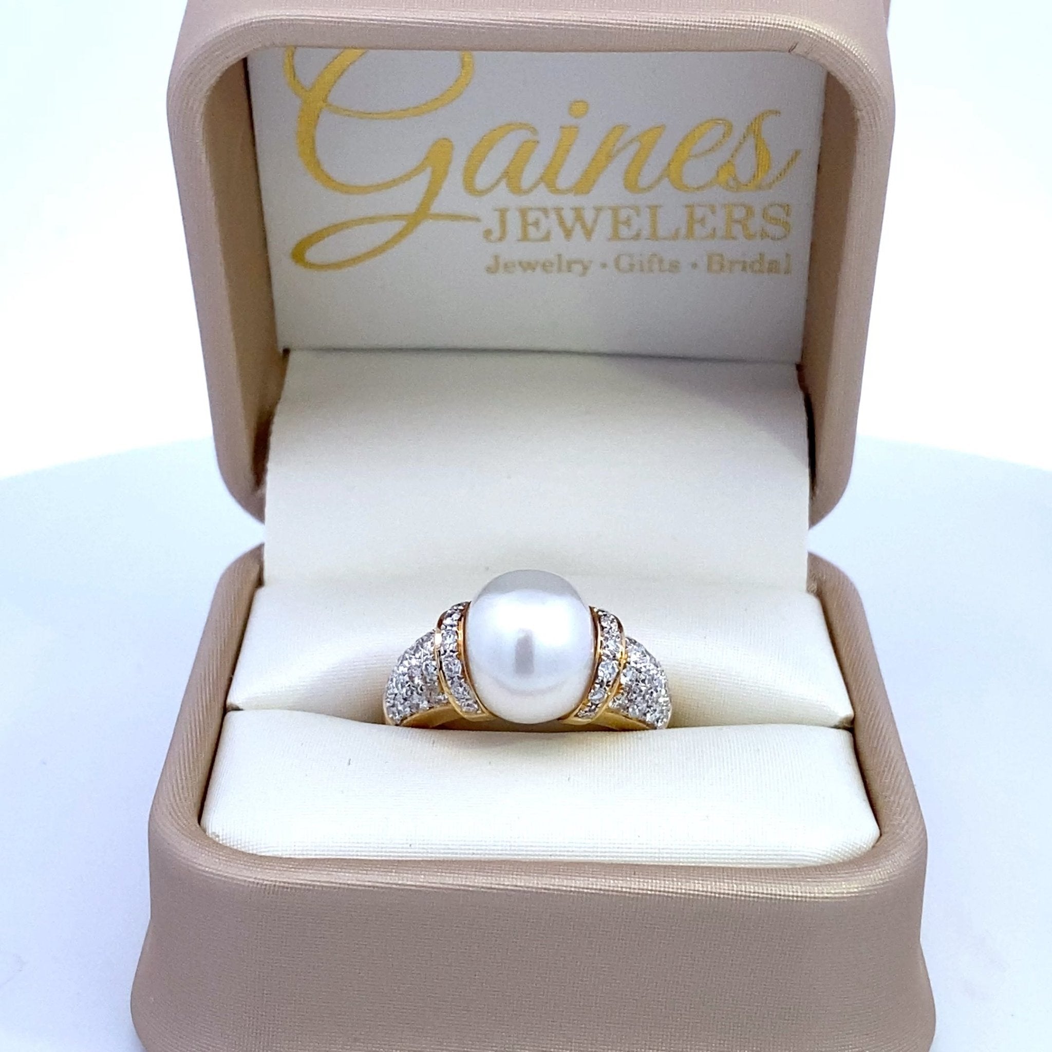 South Sea pearl ring with diamond pave' sides 18kt. yellow gold by Mastoloni - Gaines Jewelers