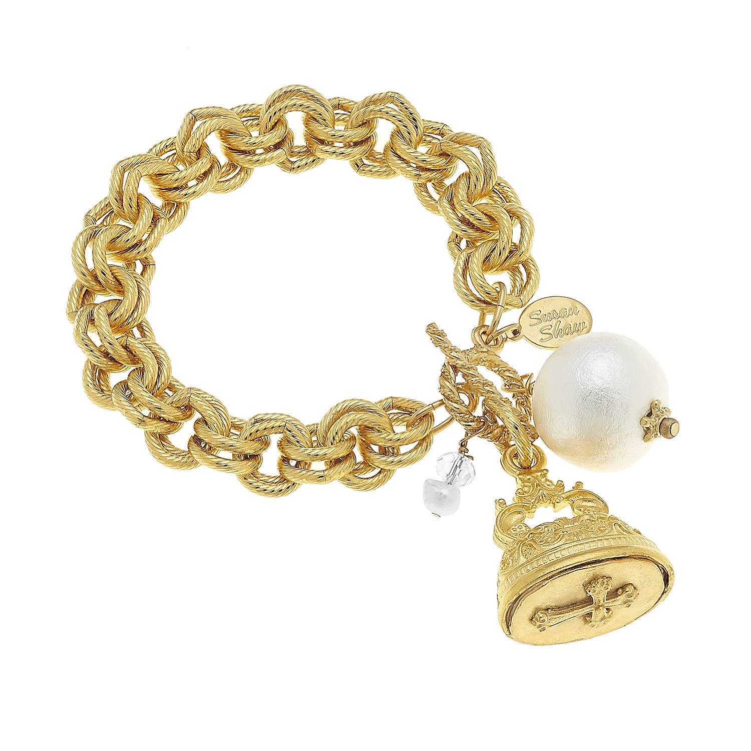 Susan Shaw - Gold Vintage Cross Charm with Cotton Pearl Bracelet - Gaines Jewelers