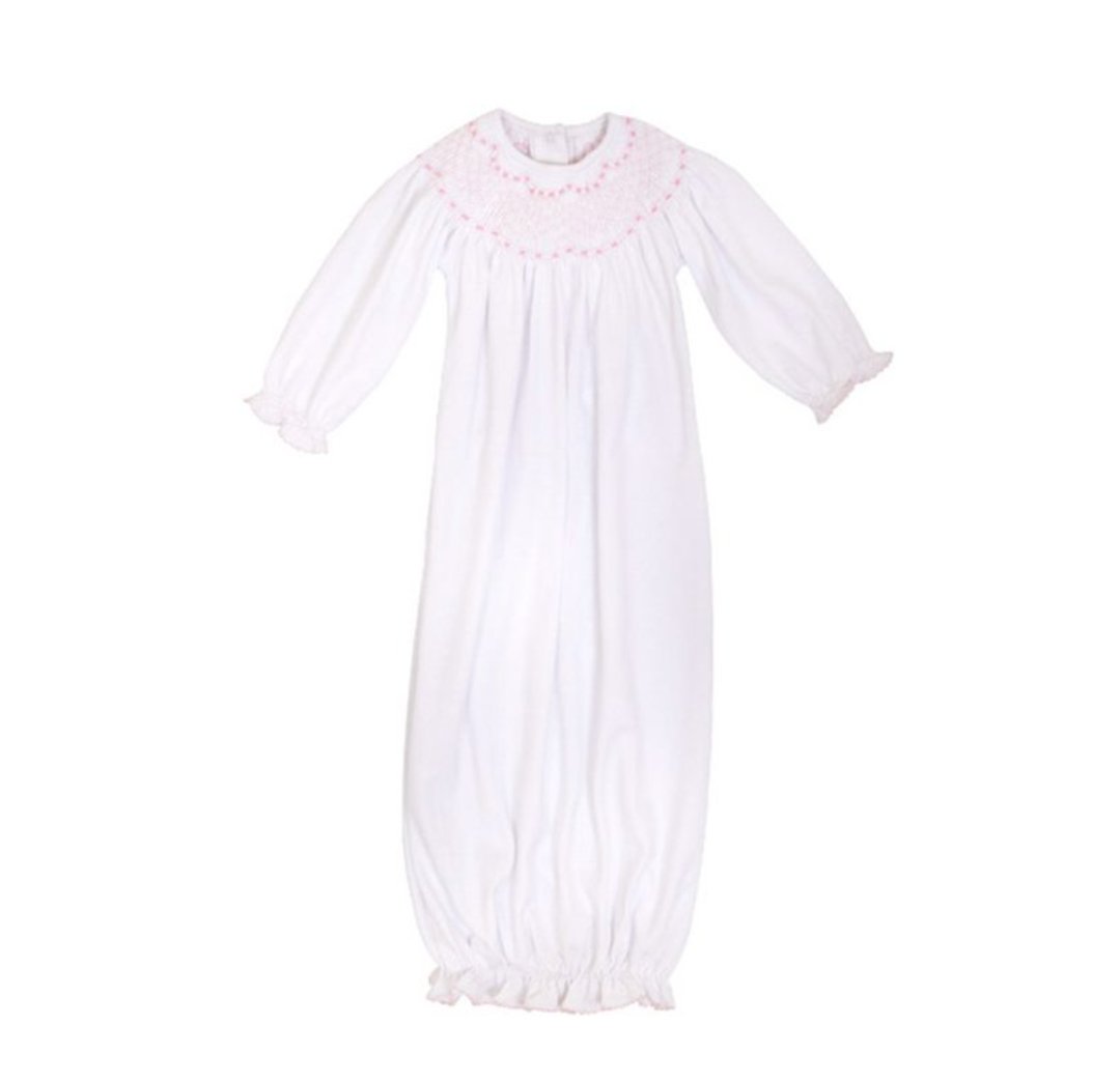 Sweetly Smocked Greeting Gown - Worth Avenue White/Palm Beach Pink - The Beaufort Bonnet Company - Gaines Jewelers