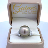 Tahitian pearl ring with diamond sides, 18kt white gold by Mastoloni - Gaines Jewelers