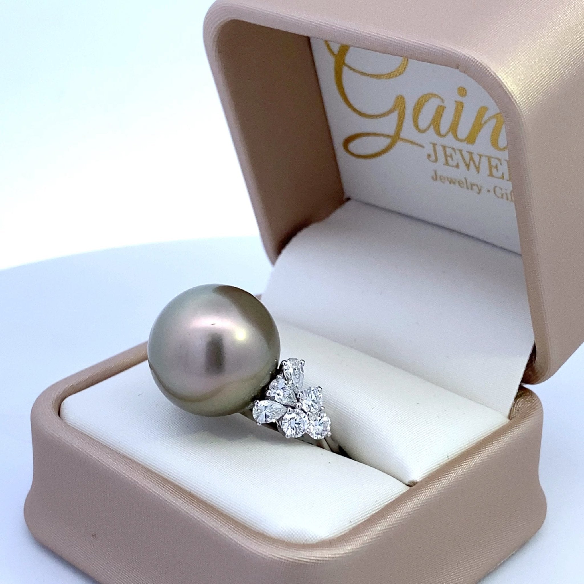 Tahitian pearl ring with diamond sides, 18kt white gold by Mastoloni - Gaines Jewelers