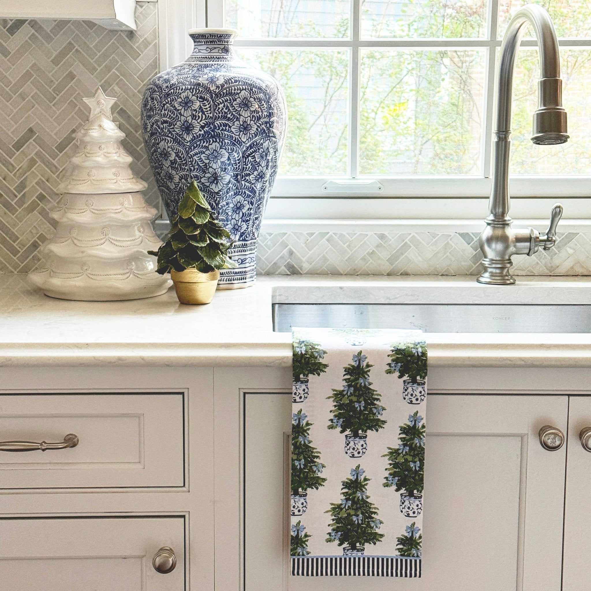 Tea Towel | Blue Bows Christmas Trees - WH Hostess Social Stationery - Gaines Jewelers