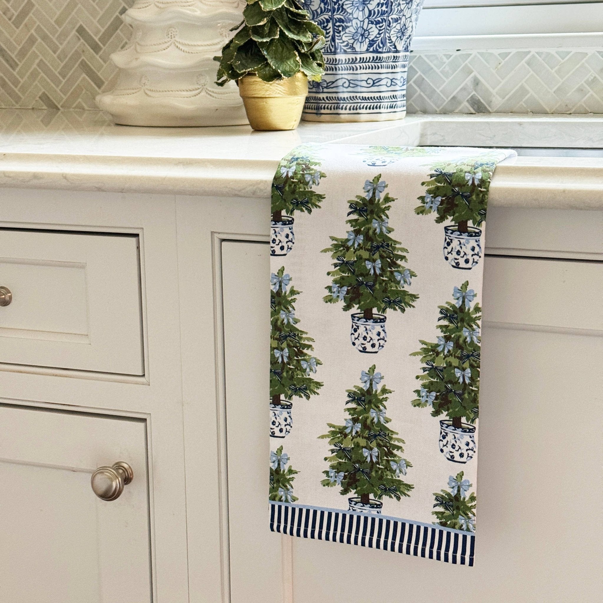 Tea Towel | Blue Bows Christmas Trees - WH Hostess Social Stationery - Gaines Jewelers