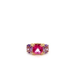 Three stone ring set with pink quartz & amethyst in 14kt yellow gold by Raymond Mazza - Gaines Jewelers