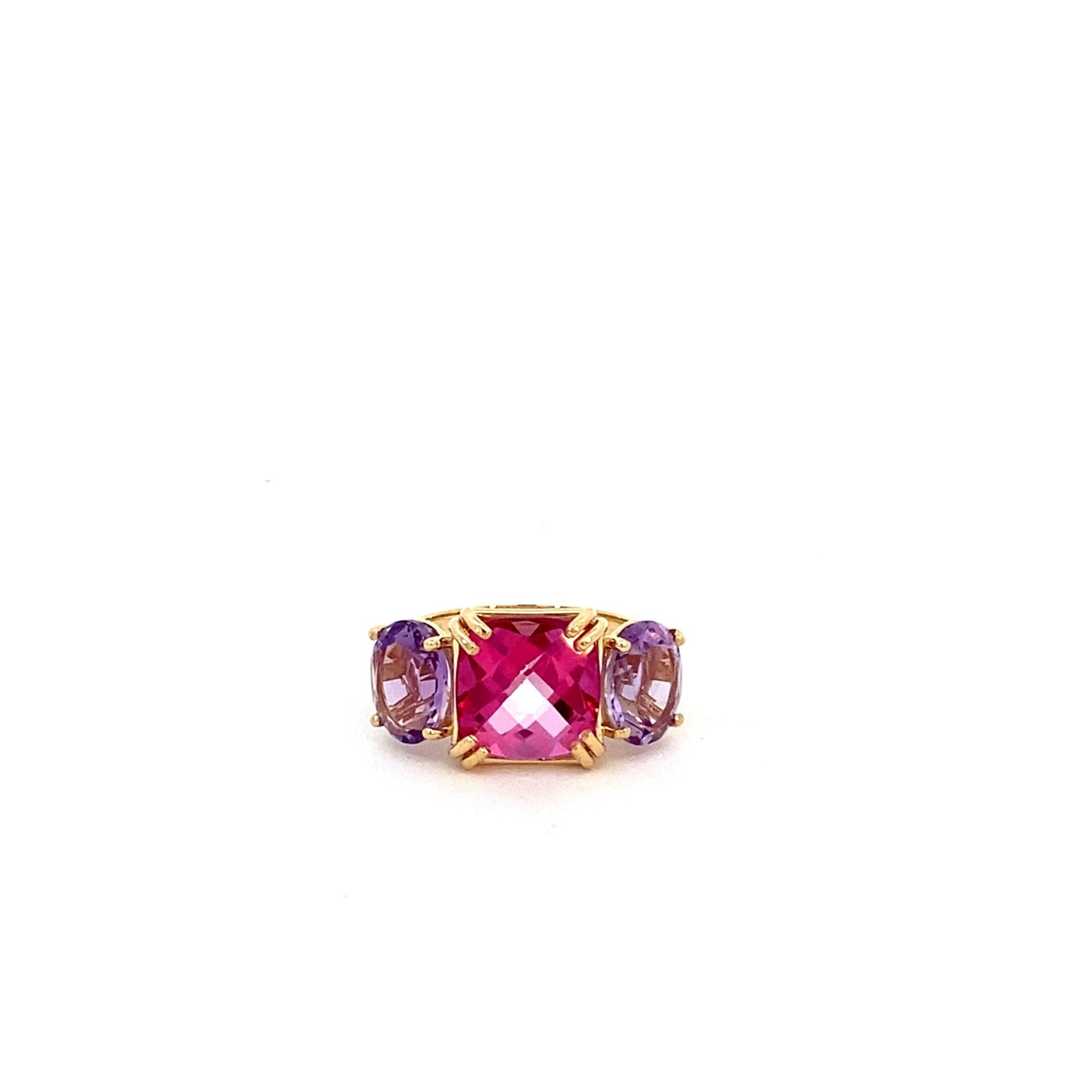Three stone ring set with pink quartz & amethyst in 14kt yellow gold by Raymond Mazza - Gaines Jewelers