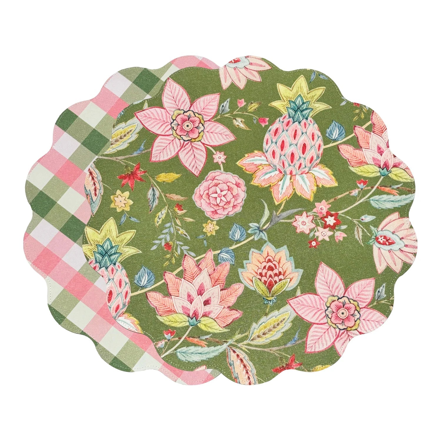VIDA Tropical Floral and Preppy Plaid Reversible Round Placemats Set of 4 (Pink & Green) - Beatriz Ball - Gaines Jewelers