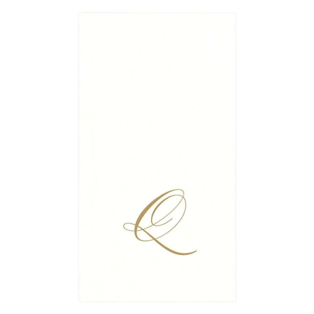 White Pearl & Gold Paper Linen Single Initial Boxed Guest Towel Napkins - Q - Caspari - Gaines Jewelers