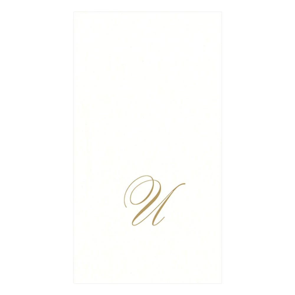 White Pearl & Gold Paper Linen Single Initial Boxed Guest Towel Napkins - U - Caspari - Gaines Jewelers