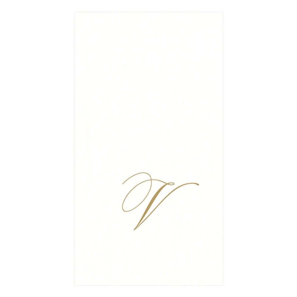 White Pearl & Gold Paper Linen Single Initial Boxed Guest Towel Napkins - V - Caspari - Gaines Jewelers