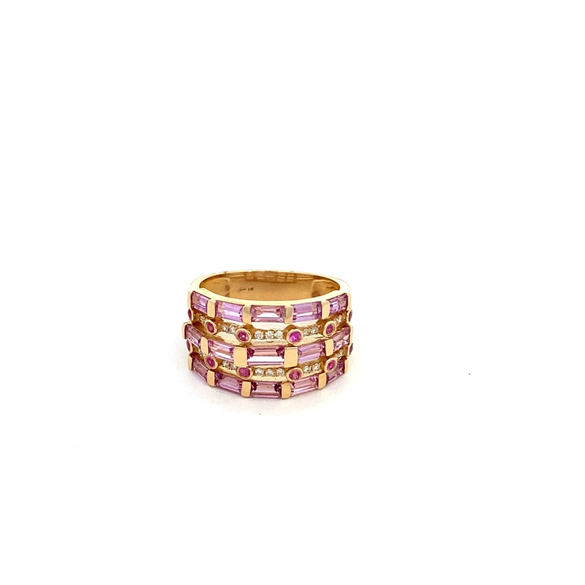 Wide band style ring with pink sapphires and diamonds 14kt yellow gold by Sophia - Gaines Jewelers