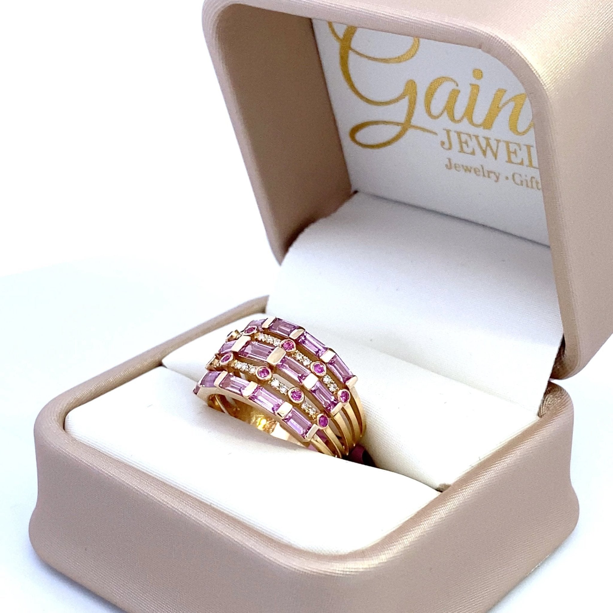 Wide band style ring with pink sapphires and diamonds 14kt yellow gold by Sophia - Gaines Jewelers