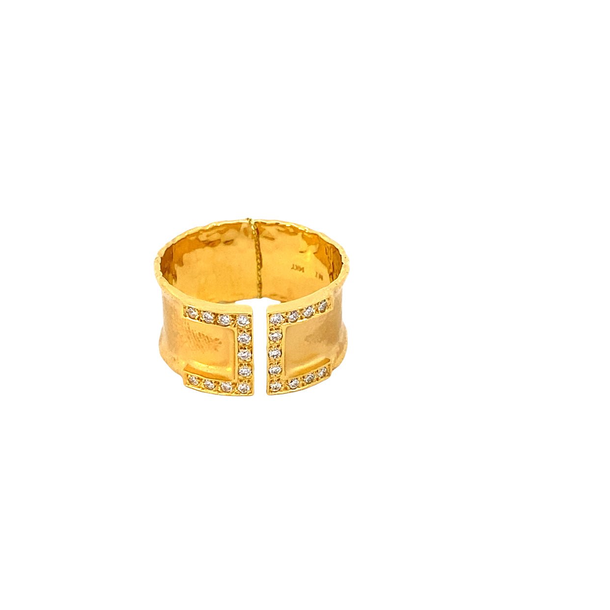 Wide hammered satin finish ring with a top split edged in diamonds in 14kt yellow gold by Marika - Gaines Jewelers