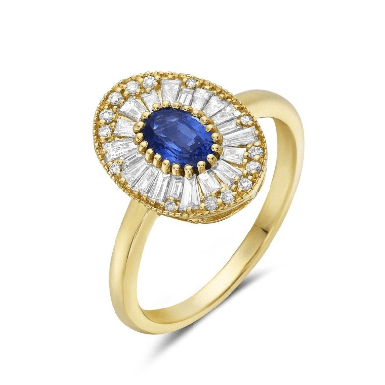 Yellow Gold Oval Ring with Diamonds and Sapphire Center Stone - Bassali - Gaines Jewelers