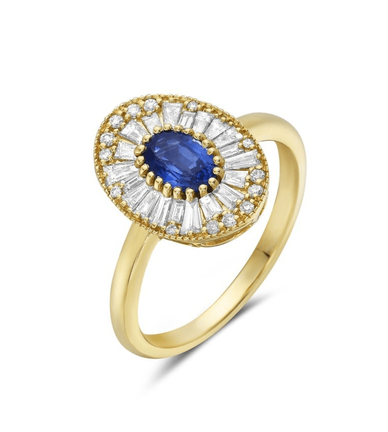 Yellow Gold Oval Ring with Diamonds and Sapphire Center Stone - Bassali - Gaines Jewelers
