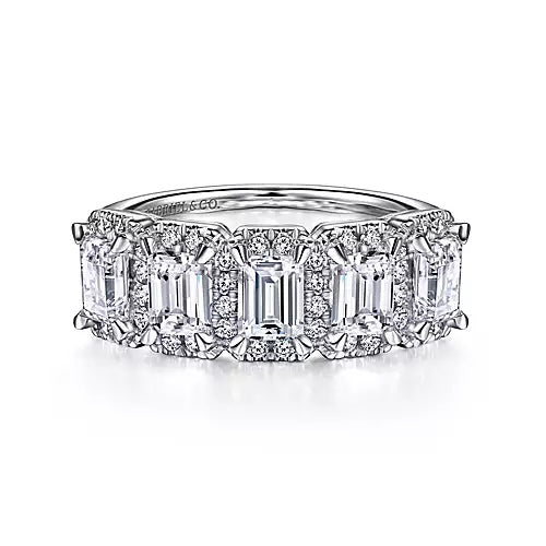 14K White Gold Emerald Cut Diamond Halo Station Anniversary Band. - Gaines Jewelers