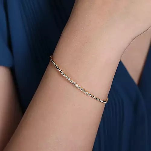 14K Yellow Gold Bead Cuff Bracelet with Bezel Set Diamond Stations - Gaines Jewelers