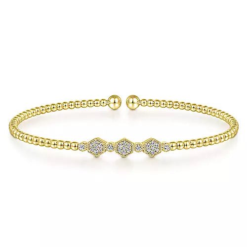 14K Yellow Gold Bead Cuff Bracelet with Cluster Diamond Hexagon Stations - Gaines Jewelers