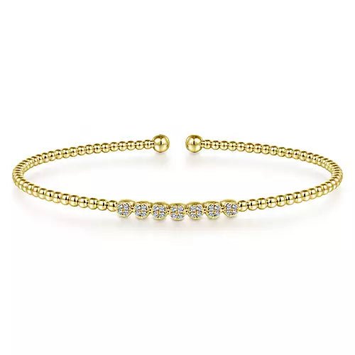 14K Yellow Gold Bead Cuff Bracelet with Cluster Diamond Stations - Gaines Jewelers