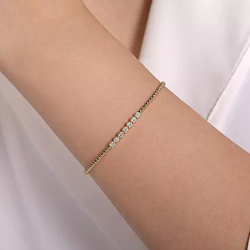 14K Yellow Gold Bead Cuff Bracelet with Cluster Diamond Stations - Gaines Jewelers