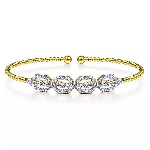 14K Yellow Gold Bead Flex Cuff Bracelet with Diamond Pavé Links - Gaines Jewelers