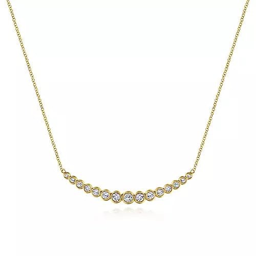 14K Yellow Gold Curved Bar Necklace with Bezel Set Round Diamonds - Gaines Jewelers