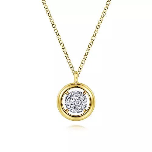 14K Yellow Gold Round Pavé Diamond Floating Pendant Necklace with Wide Border - Gaines Jewelers