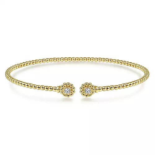 14K Yellow Gold Split Cuff Bracelet with Diamond Flower Caps - Gaines Jewelers