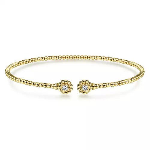 14K Yellow Gold Split Cuff Bracelet with Diamond Flower Caps - Gaines Jewelers