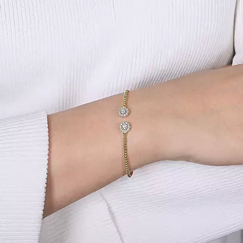 14K Yellow Gold Split Cuff Bracelet with White Gold Diamond Flowers - Gaines Jewelers