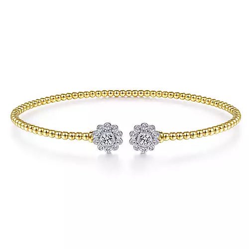 14K Yellow Gold Split Cuff Bracelet with White Gold Diamond Flowers - Gaines Jewelers