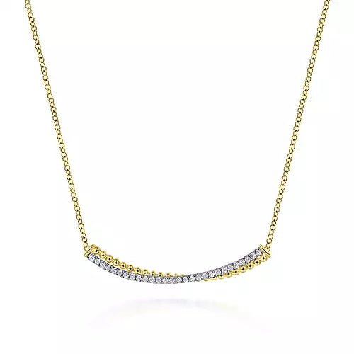 14K Yellow-White Gold Bead and Diamond Pavé Curved Bar Necklace - Gaines Jewelers