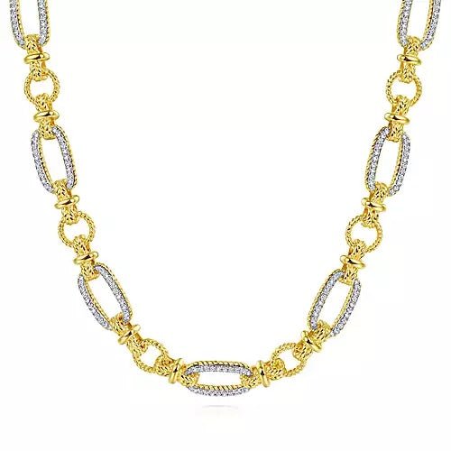 14K Yellow-White Gold Oval Chain Twisted Rope Link Necklace with Diamond Pavé - Gaines Jewelers