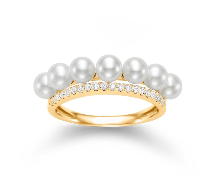 14KT Yellow Gold 3.5-4MM pearl ring with diamond row - Gaines Jewelers
